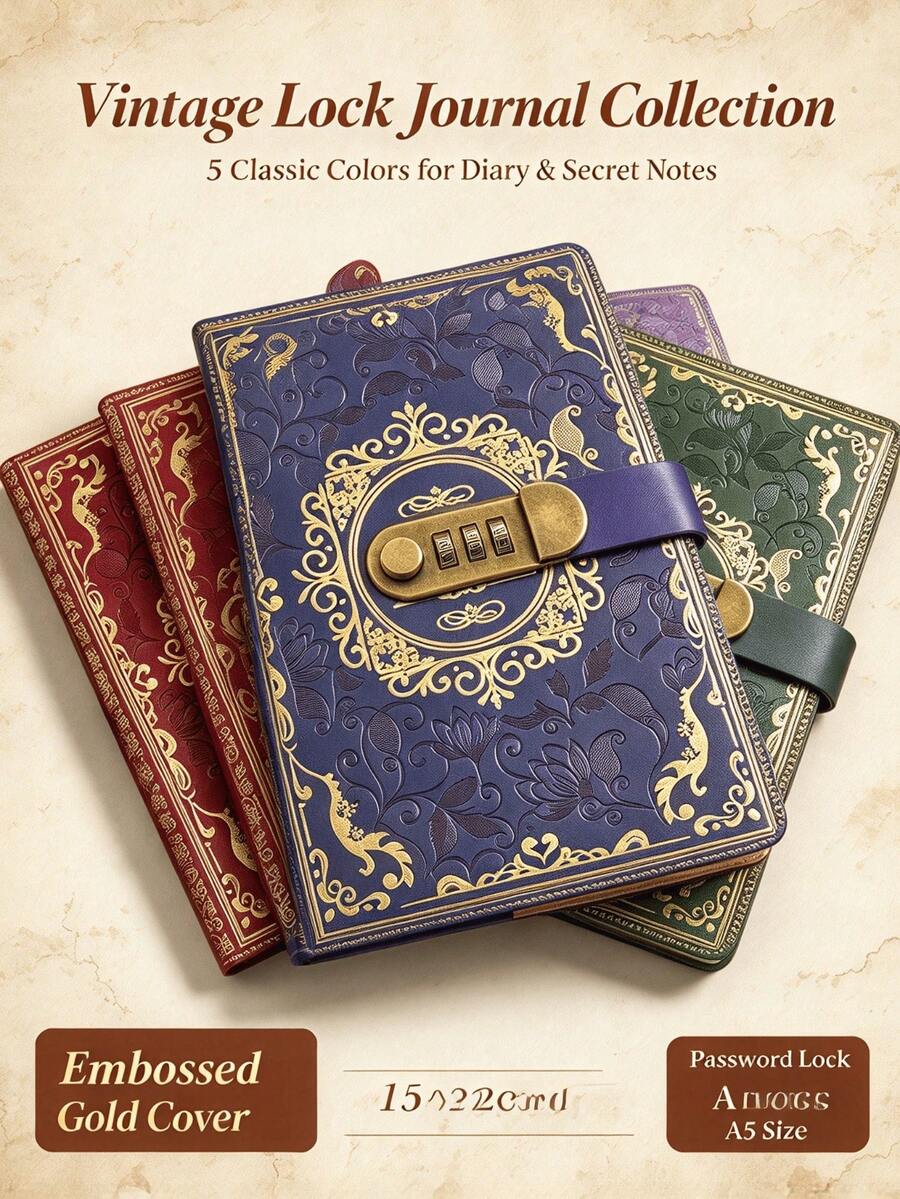 1 buah Buku Harian A5 dengan Kunci Sandi, Perencana Sampul Keras Bergaya Vintage dengan 100 Lembar, Embossing Emas, Buku Catatan Kunci Kombinasi 3 Digit untuk Hadiah - Beraneka warna - View 1