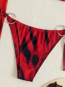 Set Bikini Halter Motif Abstrak Merah untuk Liburan, Aksen O-Ring, Rok Maxi Semi Transparan dengan Belahan Tinggi, 3 Potongan Baju Renang - MultiWarna - View 5