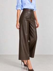 Women's Burgundy Ankle Length High Waist Wide Leg Faux Leather Trousers Pants - Brown - View 4