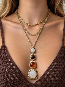 Layered Necklace Resin Stone Long Pendant Hammered Gold Vintage Old Money - Layered Resin Necklace - View 2