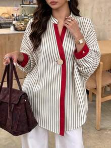 Plus Size Women's Elegant Striped Contrast Placket Shirt, Stand Collar Gold Button Contrast Cuff, Simple Chic Commute Office Casual Blouse - Multicolor - View 3