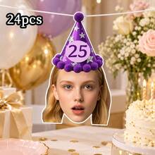 8/16/24pc Custom Photo Face Banner, 25th Birthday Purple Butterfly Party Hat Photo Bunting, Personalized Face Cutout Birthday Banner, Birthday Party Decorations, Custom Age Banner - Multicolor - View 13