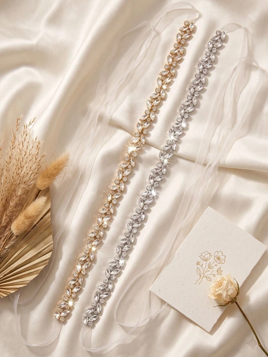 1pc Women's Elegant Rhinestone Bridal Sash Crystal Ribbon Tie Waist Belt For Wedding Prom Dress