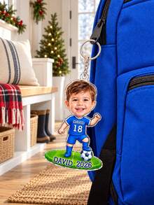Customized Children's Photo Soccer Player Keychain, Personalized Name And Jersey Number Acrylic Key Ring, Sports Keepsake For Son, Football Enthusiast, 1st Birthday Gift - Blue - View 8