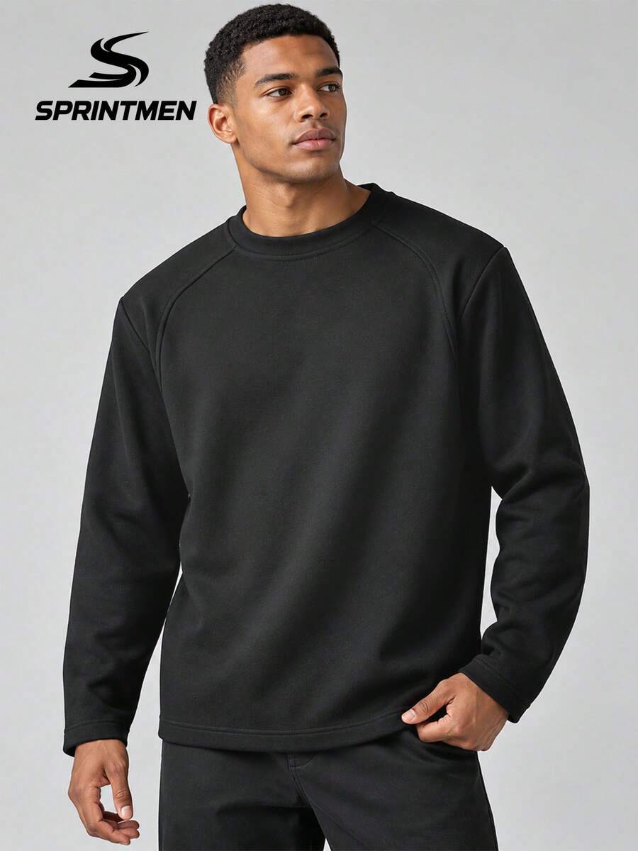 1pc Black Raglan Sleeve Crew Neck Men's Sweatshirt, Long Sleeve Top, Sporty Style, Machine Washable, Suitable For Outdoor Jogging, Court Training, Fitness Workout, Club Outings, Daily Sports Commute - Black - View 1