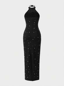 Elegant Date Party Faux Pearl Decor Halter Neck Dress - Black - View 8