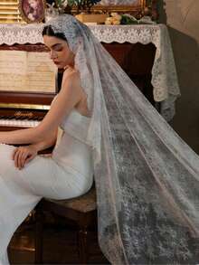 1pc Lace Bridal Veil, Vintage Mid-Length Cathedral Style Wedding Veil With Long Train, Bridal Headpiece - White - View 12