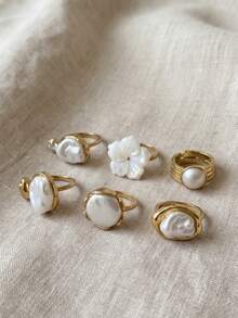 6Pcs Irregular Baroque Pearl & Flower Open Ring Set, Gold Tone Stackable Adjustable Rings For Women Daily Party Jewelry - Multicolor - View 4