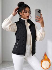 Women's Black Fleece Lined Sleeveless Jacket, Pair Of Diagonal Seam Zipper Vest, Multiple Colors Available, Suitable For Winter Daily Wear - Black - View 5