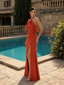 HEARBOBO Vintage Solid Color Chiffon Patchwork Ruffle Split Thigh Homecoming Dress, Mermaid Bridesmaid Dress - Red - View 5