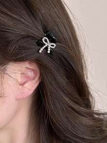 2PCS Elegant Black Bow Hair Claw Clip For Women Pearl Rhinestone Mini Hairpin Y2K Christmas Gift - Black - View 2