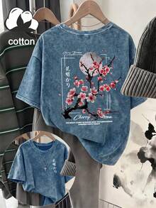 Plus Size Women's Washed Cotton Short Sleeve T-Shirt, Floral Pattern, Y2K Street Style Halloween Autumn Plus Size Casual Summer Clothing - Royal Blue - View 1