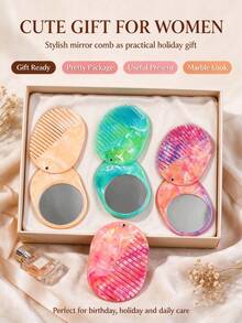2-In-1 Portable Folding Hair Comb With Mirror, Marble Swirl Pattern Wide Tooth Comb, Women's Mini Travel Pocket Makeup Mirror Comb, Suitable For Daily Hair Styling - Multicolor - View 2