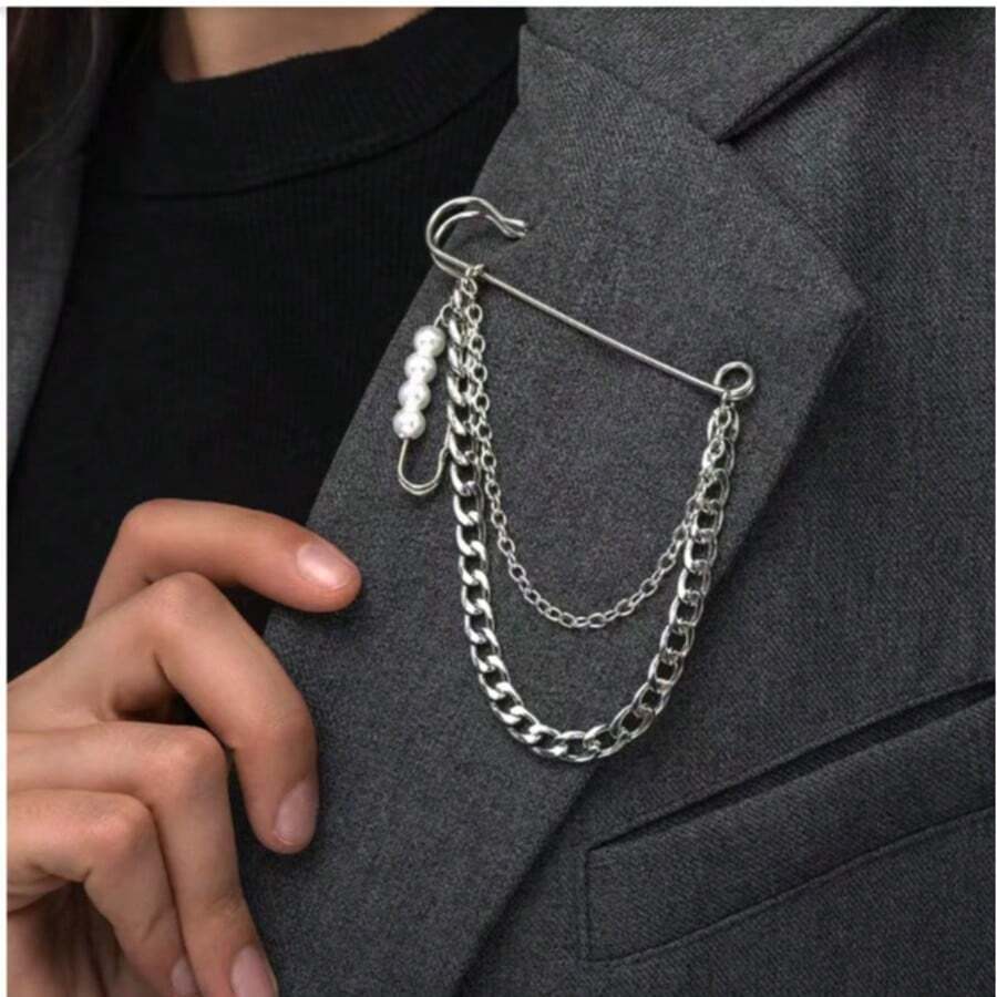 Fashionable Personalized Pearl Chain Brooch Universal Pin Accessory Anti-Exposure Beaded Clasp Pendant - Silver - View 1