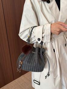 1件女款尼龍手提包，珍珠珠飾裝飾，時尚單肩斜背抽繩水桶包 - 黑色 - 查看 5