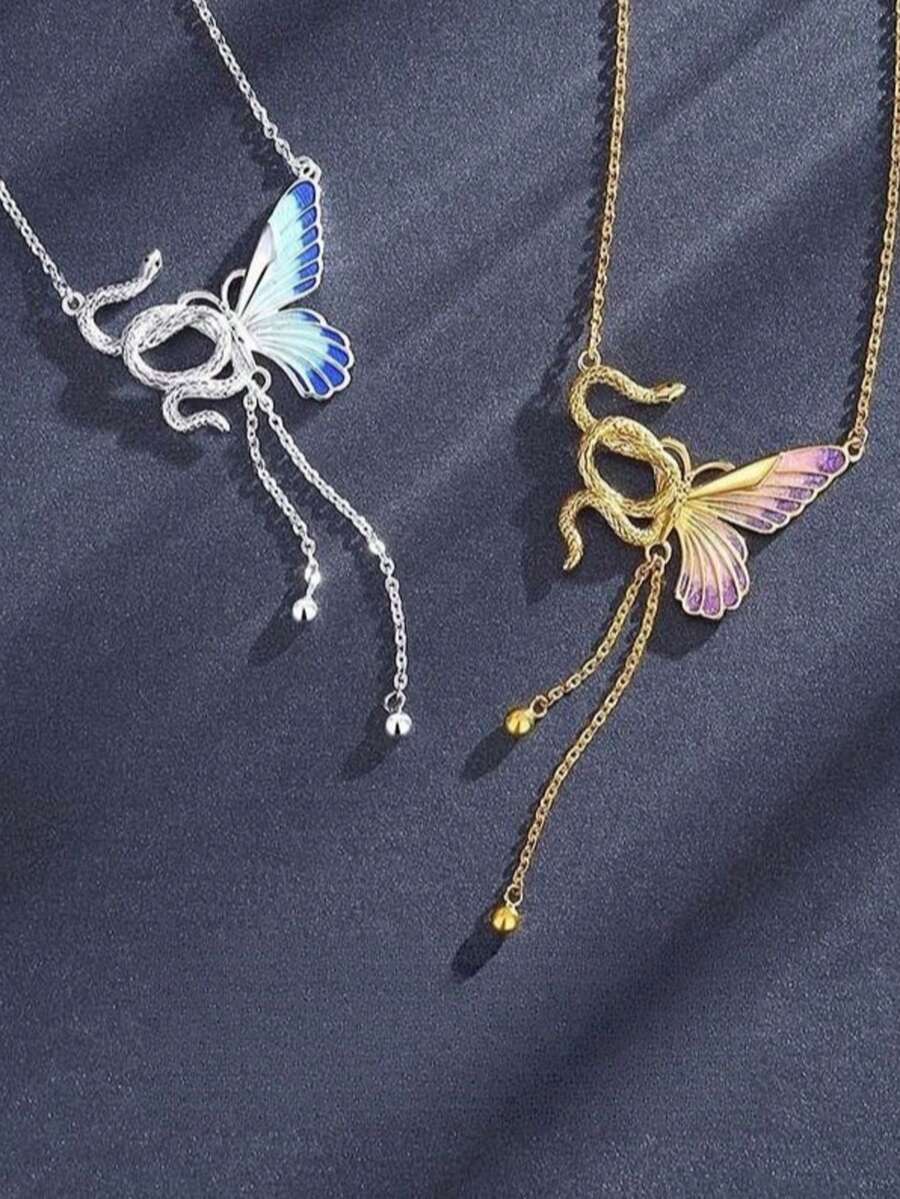 2 Pieces Set Of Sweet And Cool Spicy Butterfly Necklace, Niche And High-End, Snake Shaped Butterfly Collarbone Chain, Personalized Design Necklace - Multicolor - View 1