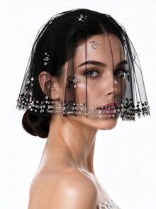 1pc Rhinestone Decorated Birdcage Veil, Short Tulle Bridal Veil, Vintage Wedding Headpiece, Suitable For Bride, Bachelorette Party And Photo Shoot - Multicolor - View 2