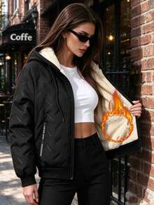 Women's Winter Fleece Lined Outdoor Casual Hooded Jacket, Multi-Functional Warm Coat, Suitable For Daily Wear, Home, Office, Shopping, Gathering - Black - View 2