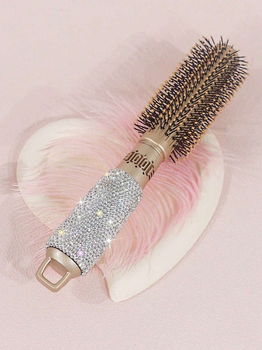 1pc Round Barrel Brush, High-Value Shiny Artificial Rhinestone Decorated, For Curly Hair Styling And Volumizing, Travel Portable Home Hair Comb, Exquisite Gift