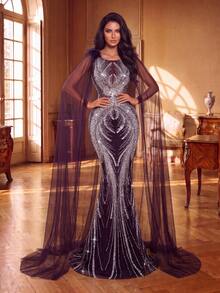 Elegant Scoop Neck Sequin Gown , Ruched Waist And Mermaid Silhouette For Studio Photo Shoots, Formal Dinners, Bridal Portraits, Gala Events - Purple - View 6