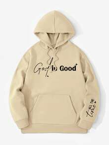DOPE | American Minimalist God Is Good Handwritten English Print Hoodie, Men's Autumn Cream Apricot Oversize Loose Drop Shoulder Kangaroo Pocket Pullover Sweatshirt - Apricot - View 4