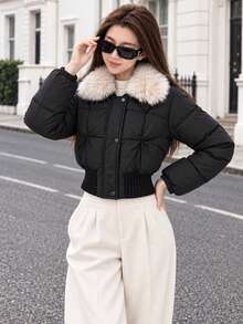 Women's Patchwork Fur Collar Long Sleeve Casual Winter Jacket - Black - View 1