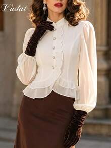Vuslat Women's French Court Style Stand Collar Short Blouse With Pearl Buttons Long Sleeve Shirt, Suitable For Commute, Evening Party, Gathering, Christmas - White - View 2
