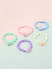 5pcs/Set Girls Colorful Beaded Bracelets Sweet Little Flower Accessories Cute Candy Color Beads Wristbands For Little Girls - Multicolor - View 3