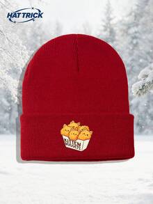 1pc Unisex Cat & Chicken Nugget Print Knitted Beanie, Soft Warm Comfortable Minimalist Knitted Hat, Hip Hop Rapper Style Brimless Cap, Versatile Fashion Hat For Daily Wear, Party, Commute, Sports, Hiking, Travel - A - View 10