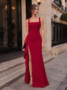 VIPGIRL Gaun Malam Burgundy Leher Persegi Tali Bahu Tipis Pinggang Berkerut Belahan Paha Tinggi Rumbai Air Terjun Panjang Hingga Lantai Gaun Prom Formal Gala Maxi - Merah - View 1