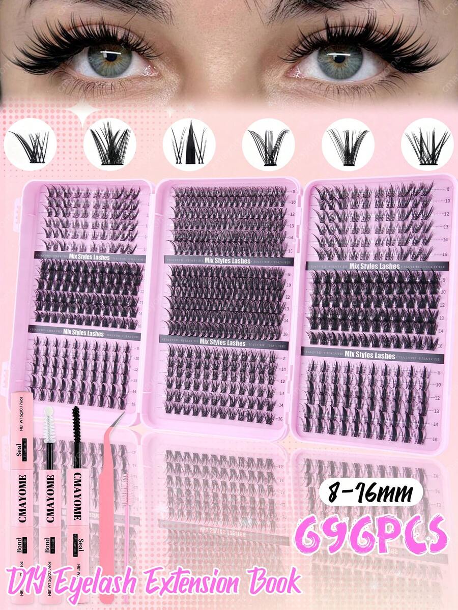 696 Pcs Bulu Mata Individual DIY Tersegmentasi, Campuran 8-16mm, Berbagai Gaya, Gugusan Lembut dan Mengembang, Tampilan Alami dan Bervolume untuk Riasan Latin & Sheer, Kit yang Dapat Digunakan Kembali dengan Lem, Kuas & Pinset untuk Sehari-hari, Kencan, dan Liburan.