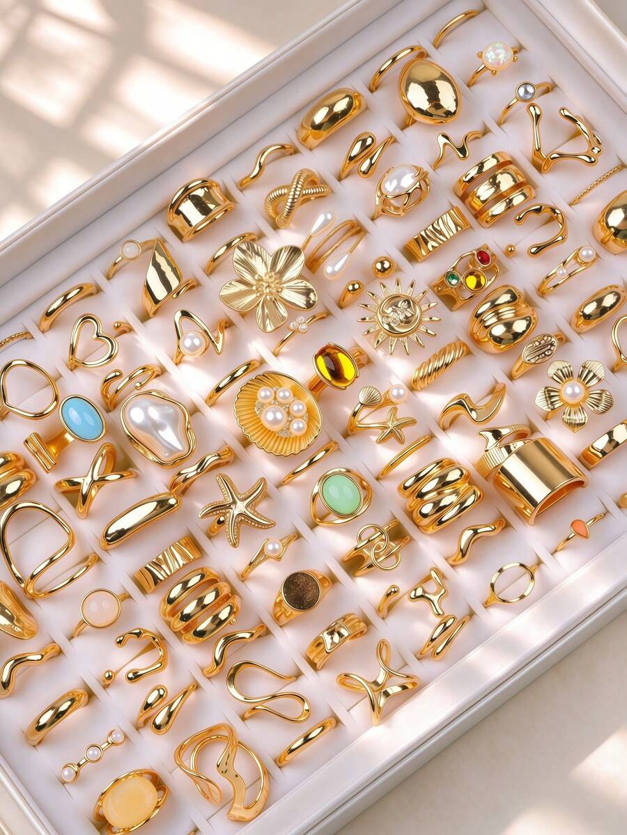 8/15Pcs/Lot Fashion Exquisite Elegant Large Flower Faux Pearl Women Rings Starfish Geometric Irregular Gifts Daily Autumn Winter Outfits Wearing - Irregular Flower Gold Tail Ring - View 1