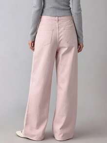 Women's Wide Leg Light Pink Button Pocket Denim Jeans - Baby Pink - View 3