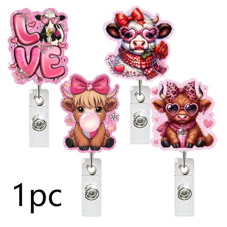 1pc Valentine's Day Glitter Heart Cow Acrylic Badge Clip Retractable ID Holder - Multicolor - View 1