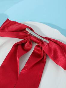 1pc Vintage Elegant Red Satin Bow Hair Clip With Rhinestone Long Ribbon Bridal Headpiece - Red - View 5