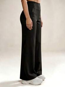 Hotalk Plus Size Solid Color High Waist Casual Straight Stretch Pants Black, Work To Weekend - Black - View 4