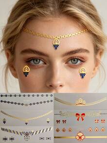 6pcs Metal Foil Face Temporary Tattoo Stickers, Bohemian Style Chain Face Decor Stickers, Waterproof Transfer Tattoo, Suitable For Music Festival, Christmas, Theme Party, Cosplay Makeup - Multicolor - View 2