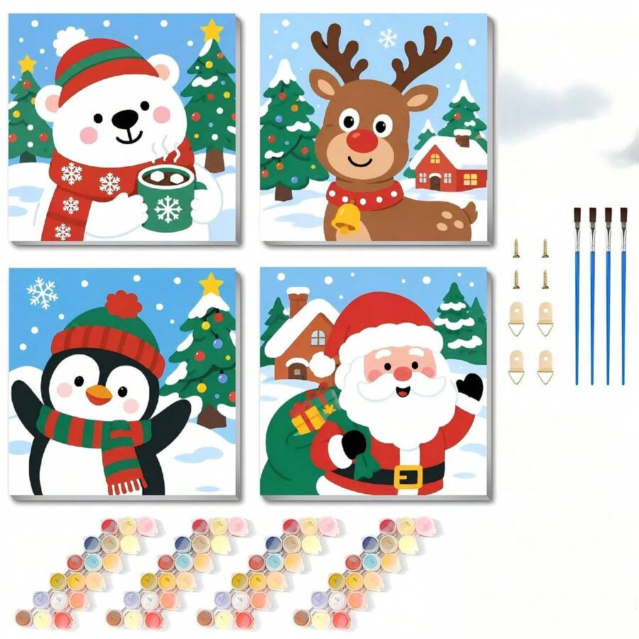 Digital Christmas Painting Set, 4-Piece Set, Animal Simple Digital Painting Set, Home Wall Decoration Digital Acrylic Oil Painting 8X8 Inches (With Frame)