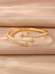 24k Champagne Gold Bracelet Set, Versatile Textured Copper With Zirconia Inlay, Suitable For Daily Wear, Gatherings, Dates, Parties, Gifts - Gold - View 7