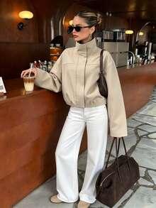 Women's Casual Solid Color Stand Collar Zip-Up Short Jacket, Loose Fit Outerwear For Spring, Autumn, Winter, Daily Wear And Commuting - Khaki - View 1