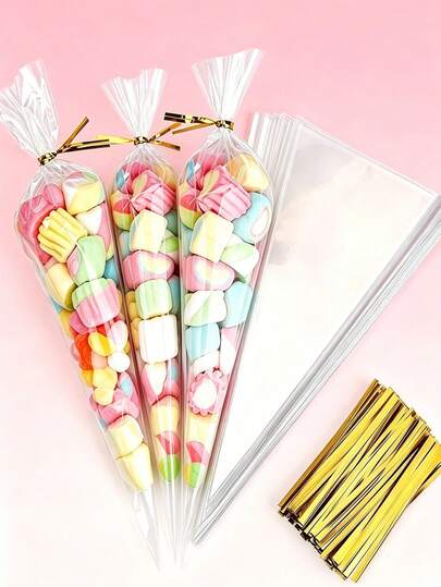 200/100/50/5pcs Transparent Cone-Shaped Plastic Gift Bags With Gold Twist Ties - Perfect For Packaging Popcorn, Candy, Ice Cream, Cones, Etc., Also Suitable For Outdoor, Home, Office, Household Items, Home Decor, Outdoor Garden Decor, Fans, Room Decor, Teacher's Day Gifts, Wedding Decor, Holiday Supplies, Garden Furniture, Garden, DIY, Bedroom Decor, Kitchen Decor, Dorm Supplies, Storage Room, Travel Supplies, Bachelor Party Supplies, Desk Accessories, Home Decor, Etc.