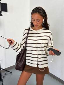 Mori Women's Autumn/Winter Striped Y2K Long Sleeve Button-Up Cardigan Round Neck Knit Sweater, Suitable For Outings, Parties And Vacations - Off-white With Black and Tea-brown - View 4