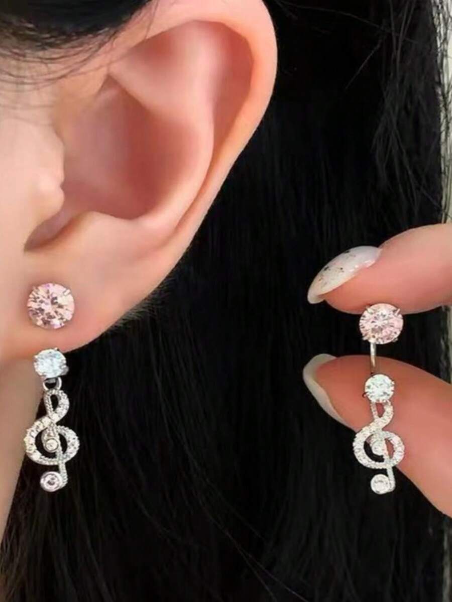 Sparkling Note Pendant, Horseshoe Ring, Earring, Women's Light Luxury, Niche Design, Tassel Earrings, Earring Accessories - Pink - View 1
