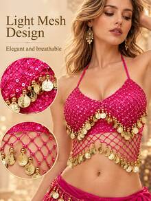 New Belly Dance Performance Top Featuring A Fish-Scale Sequin Design; A Stylish Accessory Adorned With Gold Tassels And Beadwork, Perfect For Stage Performances, Parties, Festivals, And Dance Shows-Offering An Elegant, Arabian-Inspired Look.Genie Top - Multicolor - View 8