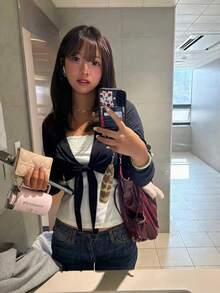 2pcs/Set Women's Lace Spaghetti Strap Camisole & Short Cardigan Top Set, Casual Versatile Autumn/Winter Outfit - Navy Blue - View 4