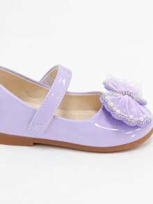 Girls Purple Shiny Princess Shoes With Mesh, Rhinestone Bow Decor, Low Vamp, Hook And Loop Strap, Soft Sole Dress Shoes - Purple - View 9