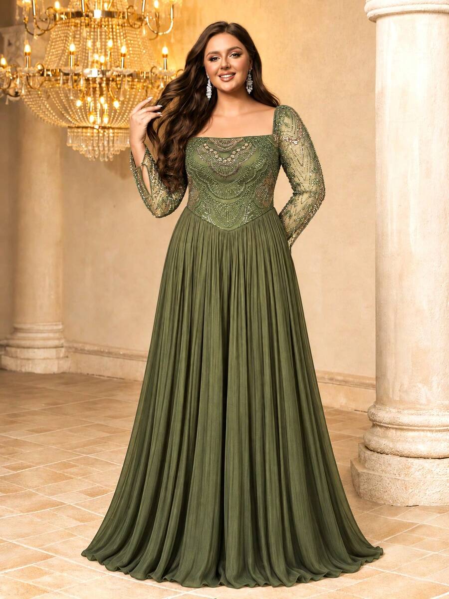 UNITHORSE[Random Cut]Square Neck Long Sleeve Sequin Patchwork Faux Silk Evening Dress - Olive Green - View 1