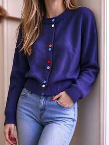 Navy Blue Knit Cardigan Women's Autumn New Style Round Neck Colorful Contrast Button Long Sleeve Short Loose Slimming Commute Sweater - Navy Blue - View 3