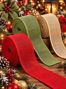 2.4inch Faux Linen Ribbon Roll 5 Yards, Red Green Brown Faux Linen Wire Edge Satin Ribbon, Shapeable Easy To Shape, Christmas Polyester Coarse Mesh Ribbon, Wreath Christmas Tree Gift Box Tie, Handmade DIY Accessories, Wedding Floral Decoration Material - Coarse Hemp Strap - View 1