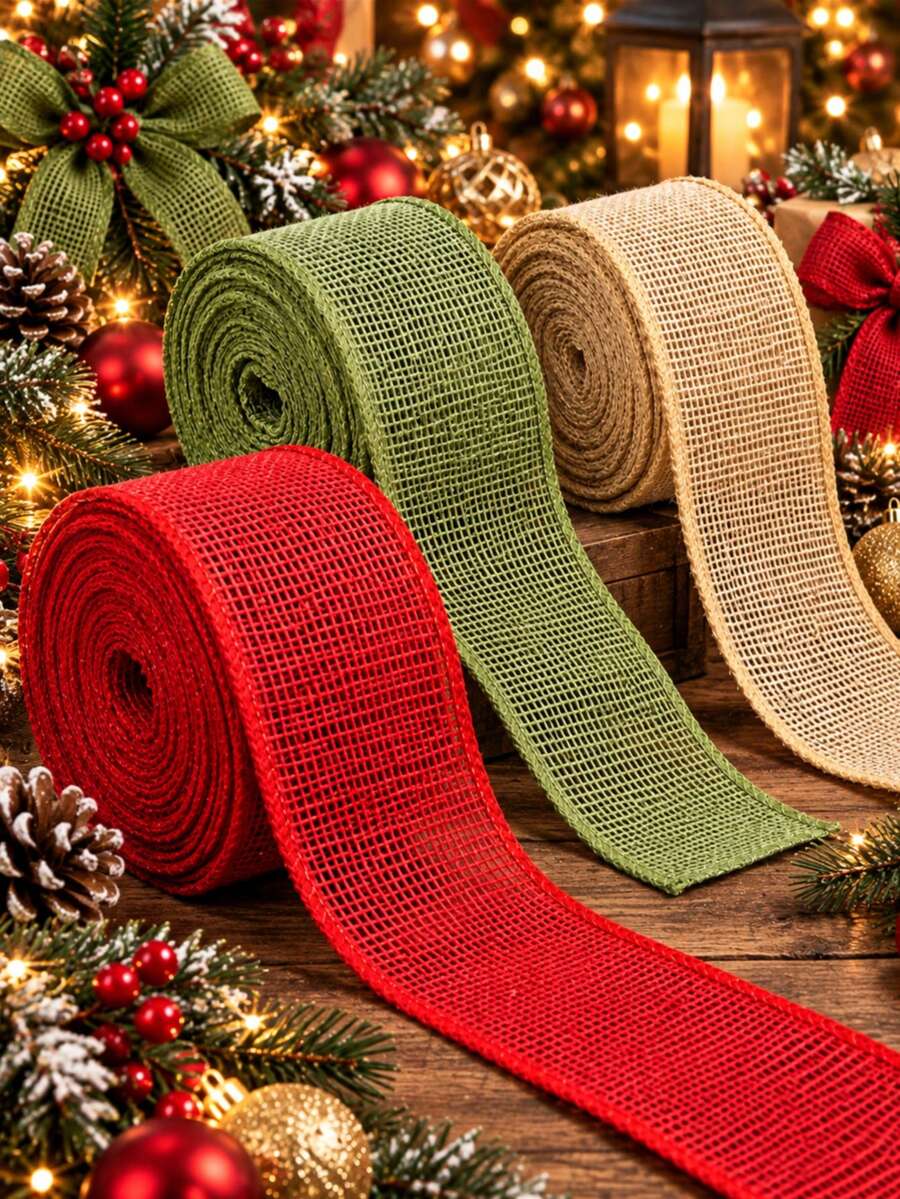 2.4inch Faux Linen Ribbon Roll 5 Yards, Red Green Brown Faux Linen Wire Edge Satin Ribbon, Shapeable Easy To Shape, Christmas Polyester Coarse Mesh Ribbon, Wreath Christmas Tree Gift Box Tie, Handmade DIY Accessories, Wedding Floral Decoration Material - Coarse Hemp Strap - View 1